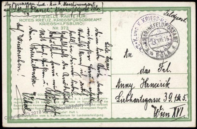 Austria Empire WWI Navy Ship SMS Planet Red Cross Russian Battle Feldpost 61749