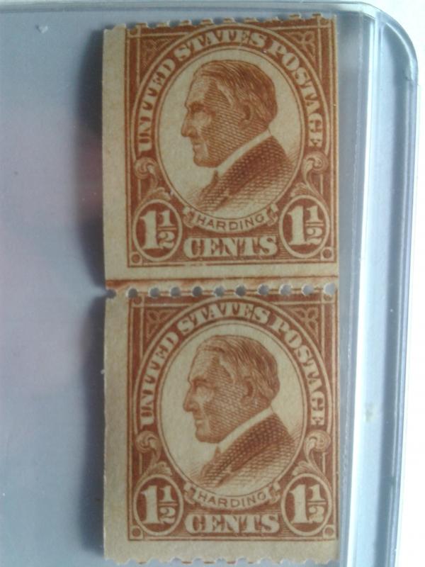 SCOTT # 605 1 1/2 CENT HARDING MINT NEVER HINGED LINE PAIR COIL