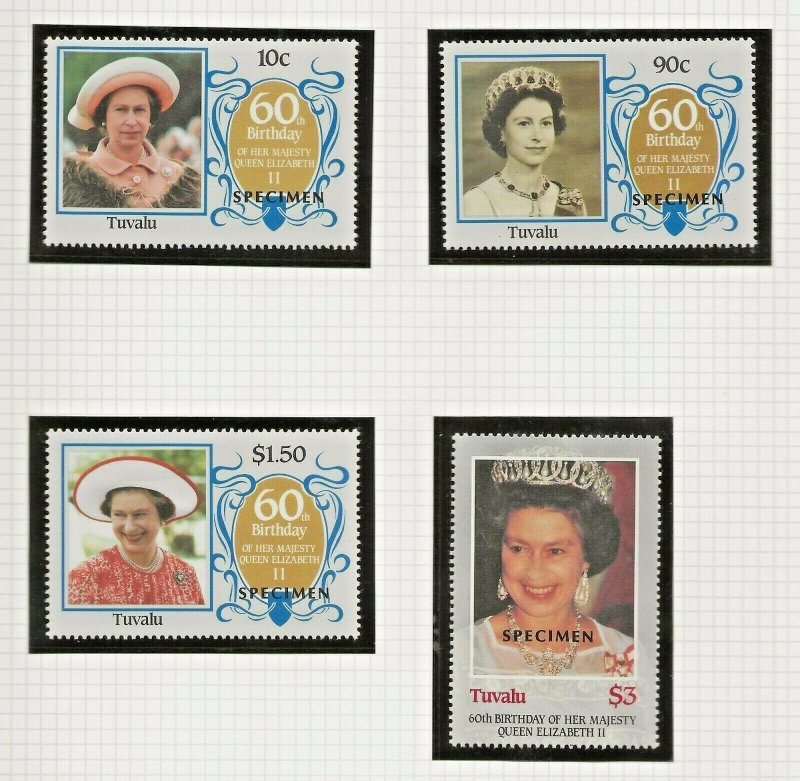 TUVALU-1986 60TH BIRTHDAY QUEEN ELIZABETH,SPECIMEN OVERPRINT -SET & S/SHEET PERF