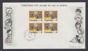 Canada Uni 522i FDC. 1970 5c Christmas, center block of 4, Bileski cachet, VF