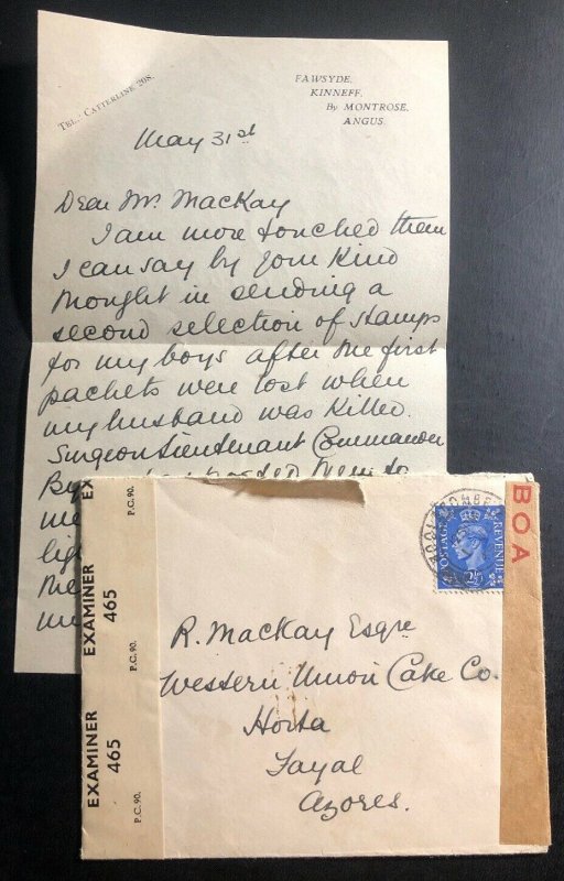 1945 Woolacombe England Dual Censored Cover To Horta Azores Portugal Letter