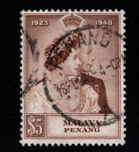 MALAYA Penang Scott 2 Used 1948 Silver Wedding $5 Value nice Penang cancel