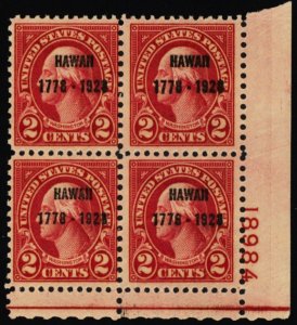 647, Mint NH 2¢ Hawaii Plate Block CV $185 * Stuart Katz