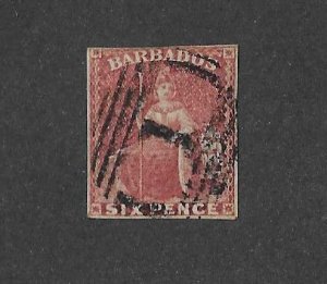 Barbados  Sc #8a 6p deep rose red imperf used FVF