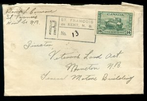 ?ST.FRANCOIS DE KENT, N.B. Registered h/s 14c WAR Issue 1947 cover Canada