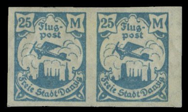 Danzig #C14 (Mi.133U) Cat€100+, 1923 25m pale blue, imperf. horizontal pair...