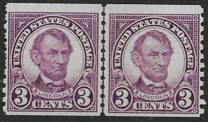 US 600  1924  3 cent coil line pair  fine mint hinged ( short perfs )