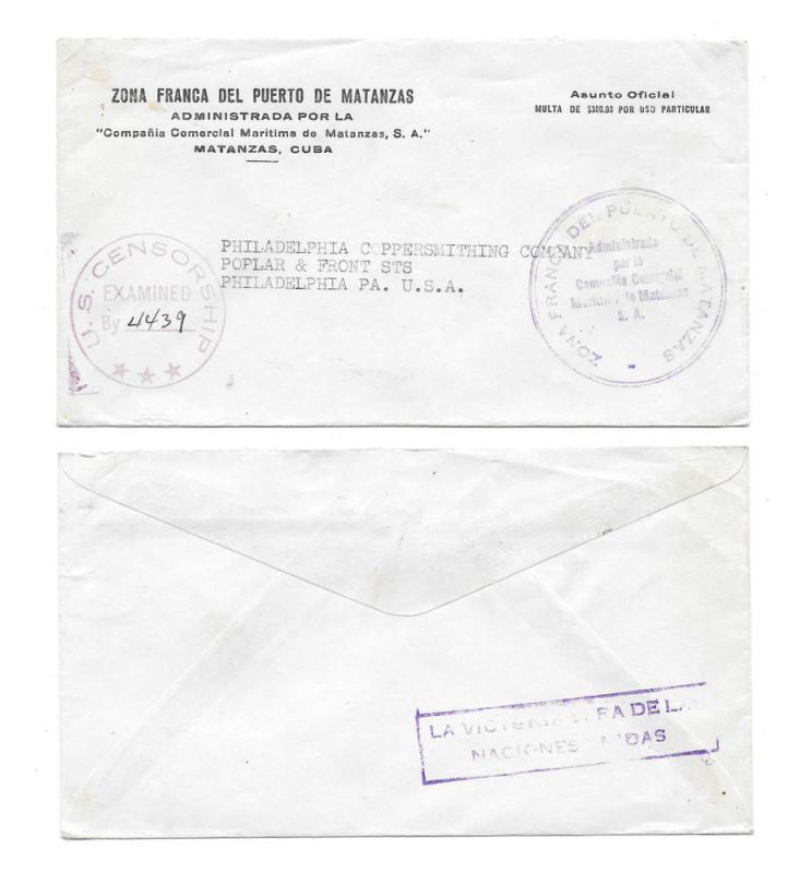 WWII Cuba Censored Official Free Mail to US Censor 4439