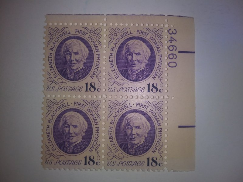 SCOTT # 1399 PLATE BLOCK  18 CENT DR. LIZ BLACKWELL MINT NEVER HINGED GEM 1970