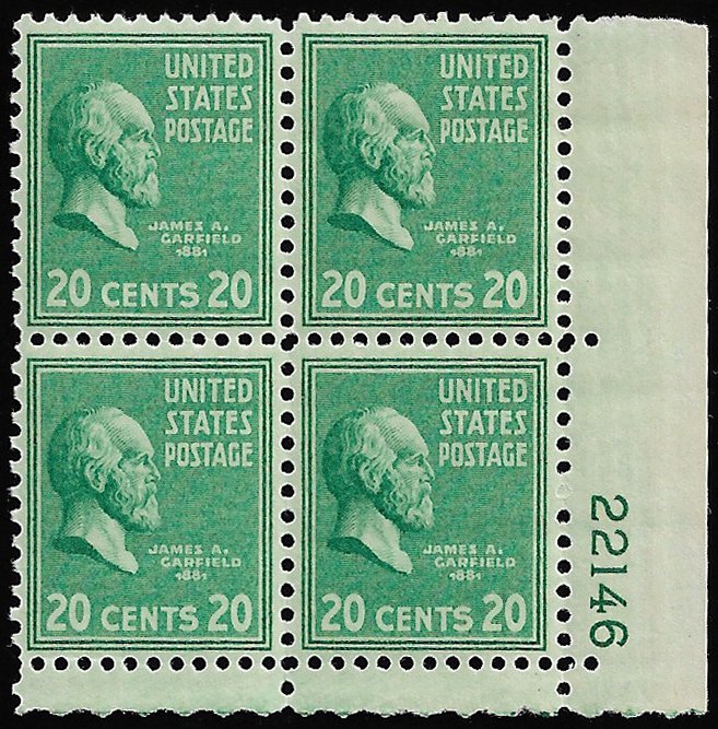 US #825 PLATE BLOCK, SUPERB mint never hinged, post office fresh,  20c Garfie...