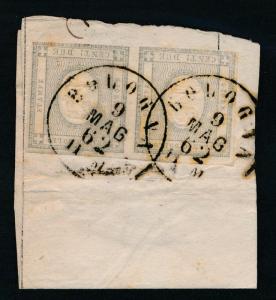 Italy - Sardinia P2 Used Lovely pair on piece. Bologna 1862 cancel