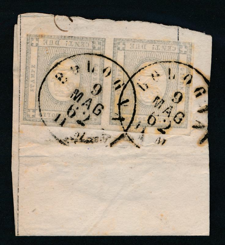 Italy - Sardinia P2 Used Lovely pair on piece. Bologna 1862 cancel