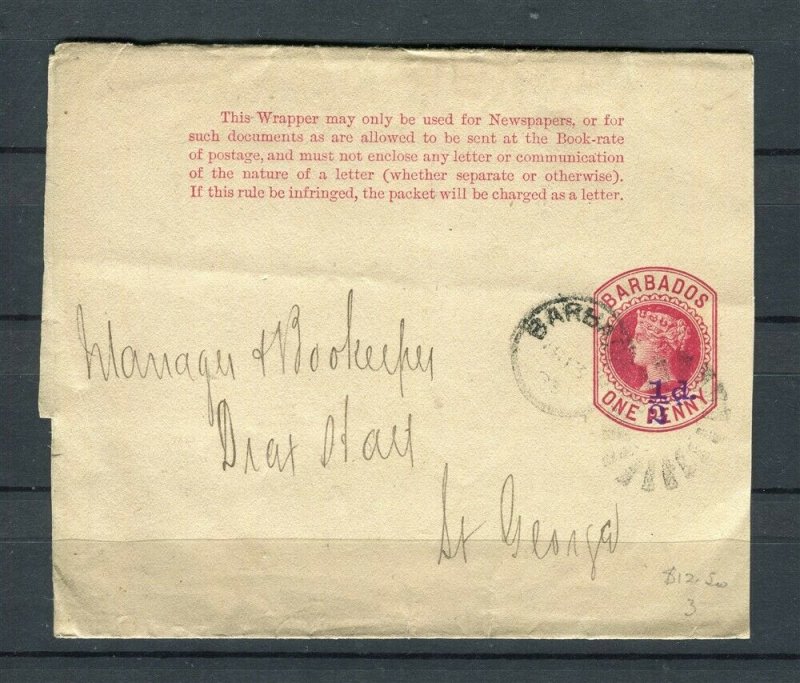 BARBADOS; 1890s early QV Wrapper fine used 1/2d. St. George usage