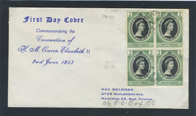 Montserrat 1953 QEII Coronation block of four on First Day Cover.