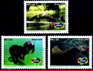 3057-59 BRAZIL 2008 ENDANGERED ANIMALS OF THE AMAZON, NUTRIA, MANATEE, MNH