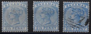 Bahamas 1888 QV 2-1/2d all colours (3), sg 50, 51, 52/Sc28, 28a, CV$177+  (a1176