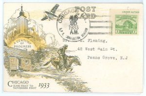 US 730a 1933 1c Fort Dearborn (imperf single) on an addressed FDC card with a Chicago APS station cancel and Linprint cachet; ca