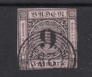 Baden Sc 4 used. 1851 9kr Numeral, 5 ring cancel with 28 at center, sound