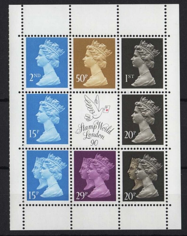 GB 1990 Machin Double Heads 15p RB 20p 2B, 50p sand, 2nd RB, 1st 2B, d/heads