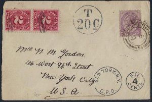 SOUTH AFRICA US 1913 SG 6 TIED TO POSTAGE DUE COVER T 20c IN SOUTH AFRICA & 4cen