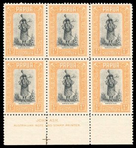 Papua 1932 Motuan Girl ½d black & orange JOHN ASH imprint block 6 MNH. SG 130.