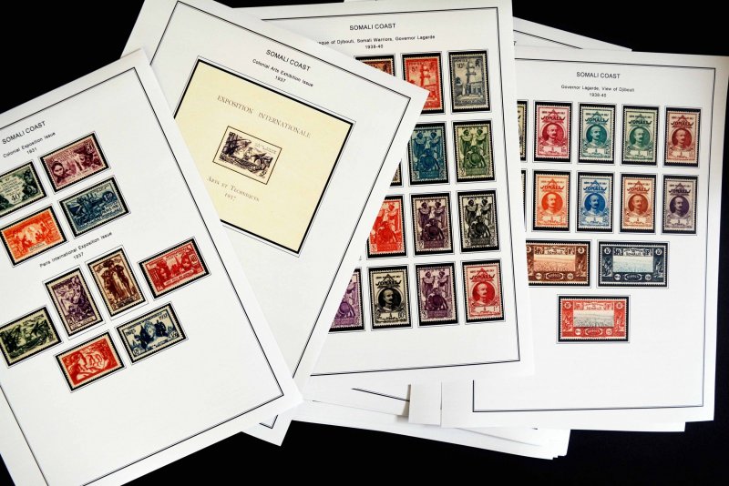 COLOR PRINTED SOMALI COAST 1894-1966 STAMP ALBUM PAGES (40 illustrated pages)