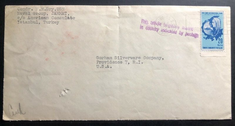 1950 American USA Embassy In Turkey Diplomatic Cover To Providence RI USA