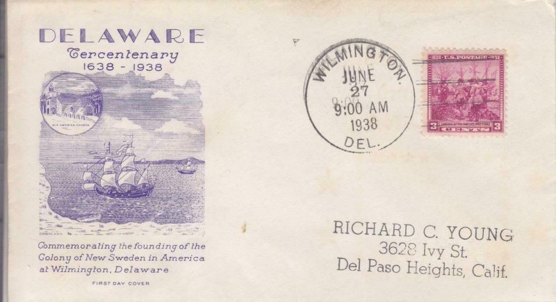 1938, 100th Anniv. Delaware Statehood, Grimsland, FDC (E8413)