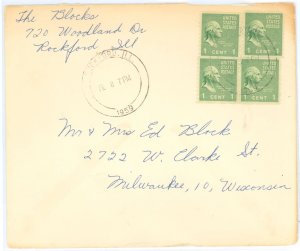 US 848 1959 1c George Washington (presidential/prexy series) x4 coils paid the 4c per ounce domestic rate on this cover sent fro