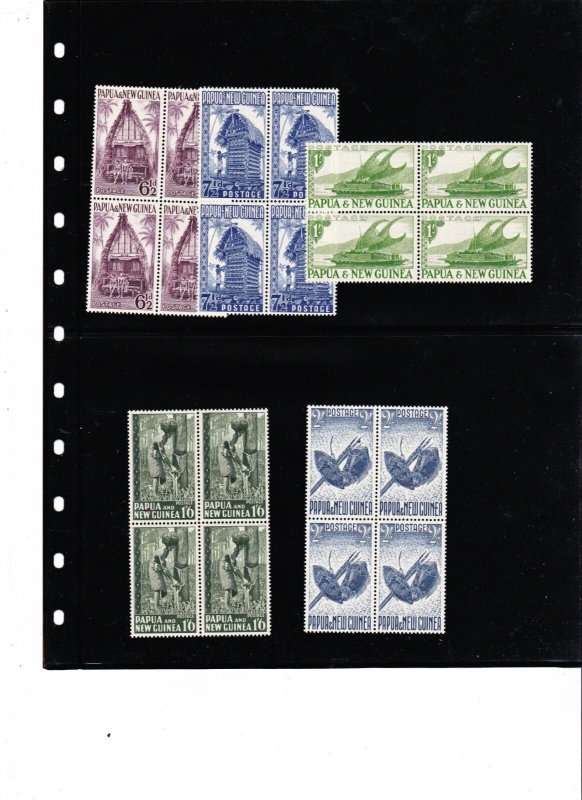 PAPUA NEW GUINEA 1952 DEFINITIVES BLOCKS OF 4 FIVE DIFFERENT  MINT NH  K115