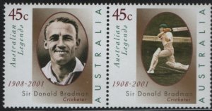 Australia 2001 MNH Sc 1942a 45cSir Donald Bradman, cricketer Pair