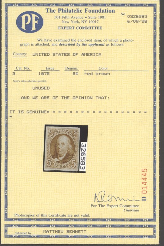 U.S. #3 MINT WITH PF CERT