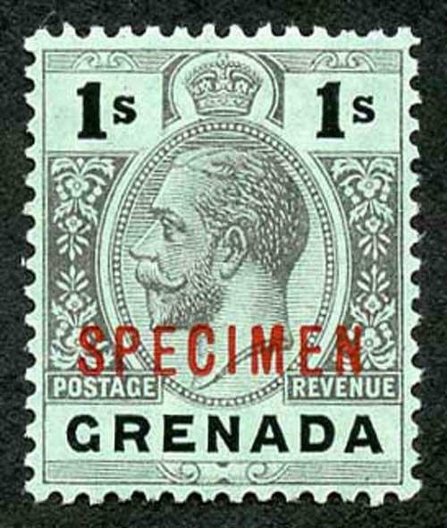 GRENADA SG98as 1913-22 wmk MCA 1s black/green white back opt SPECIMEN red