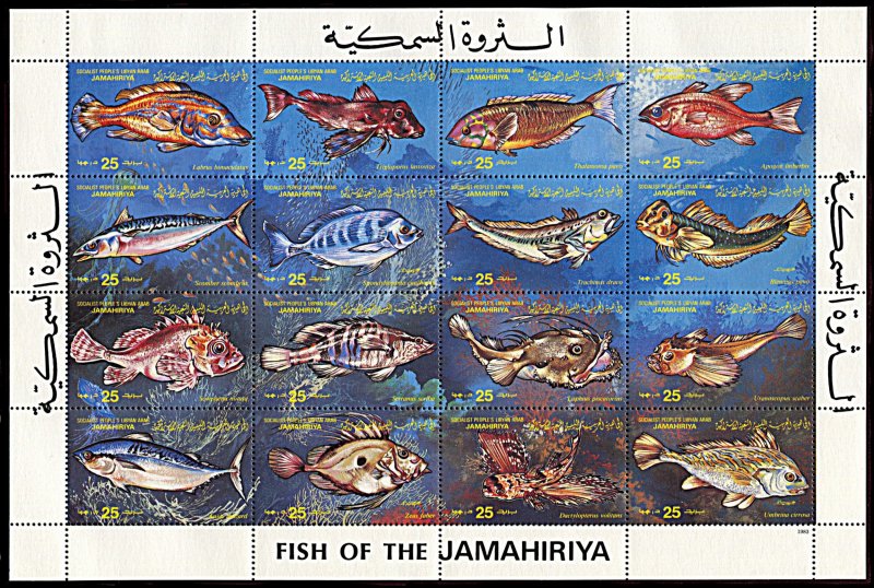 Libya 1107, MNH, Fish miniature sheet of 16