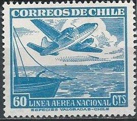 Chile C137 (unused) 60c plane over fishing boat, lt blue (1947)
