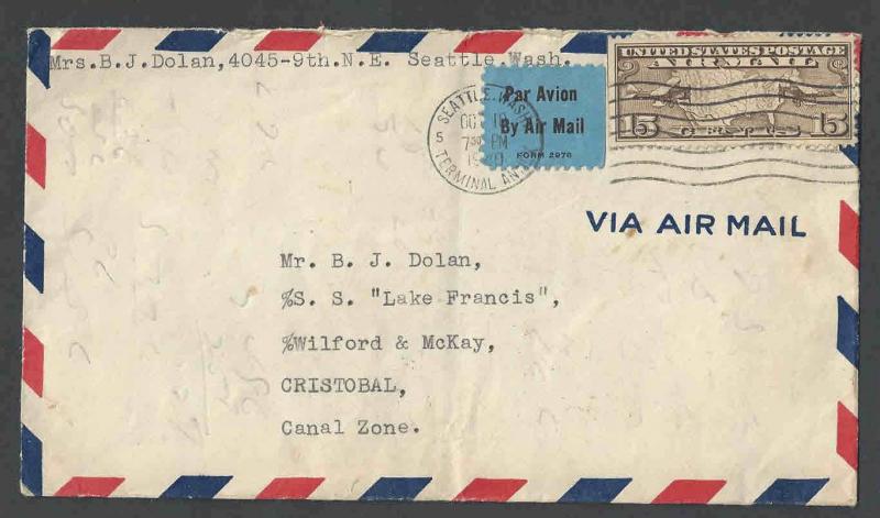 1940 Cover Air Mial 15c #C8 To Cristobal Canal Zone Seattle Wa