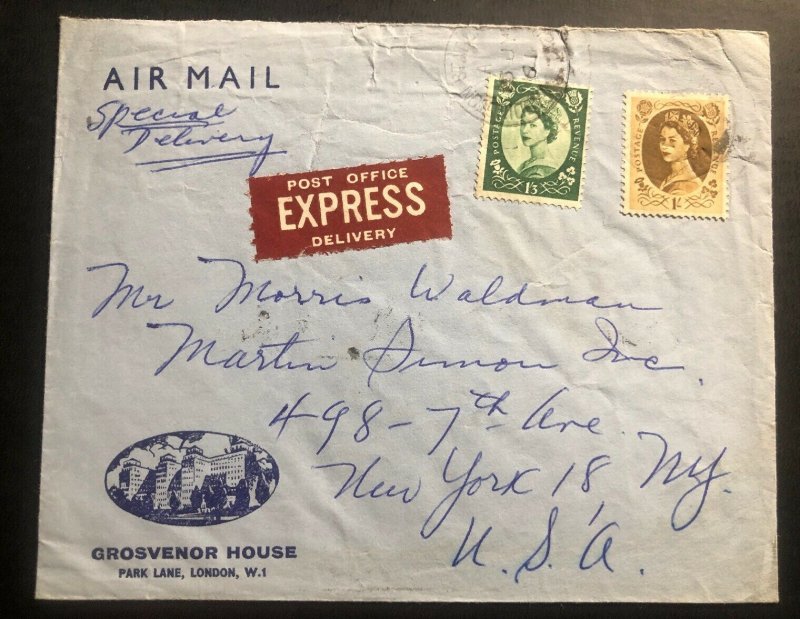 1961 Grosvenor House London England Airmail Express Cover To New York Usa