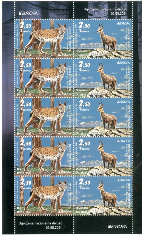 Stamps of Bosnia and Herzegovina 2021 - Europa 2021, full sheet. Endangered nati