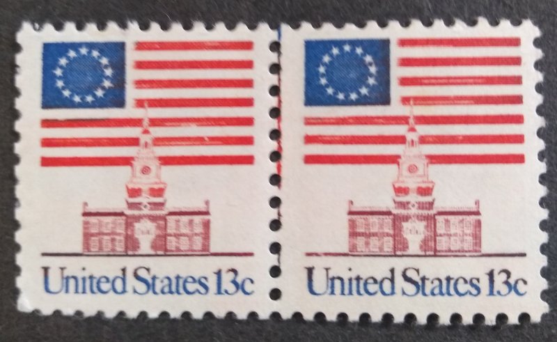 U.S.#1622  Flag Over Independence Hall 13c Perforated Pair w/Seam Line, M-H..