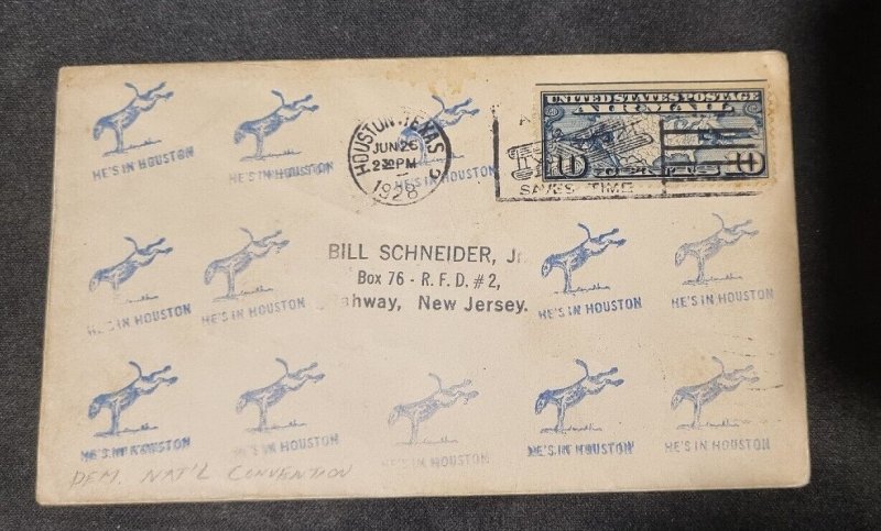 Us 1928 Air Mail Cover. Housyon Texas. Rahway New Jersey. Air Mail Saves Time.