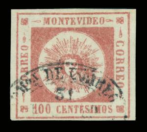 URUGUAY 1859  SUN 100c  brown lake  Sc# 9  used