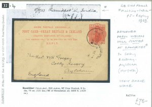 GB REPLY Card Used Abroad *Ranikhet* INDIA HILL STATION 1903 Retour Norfolk 32.4