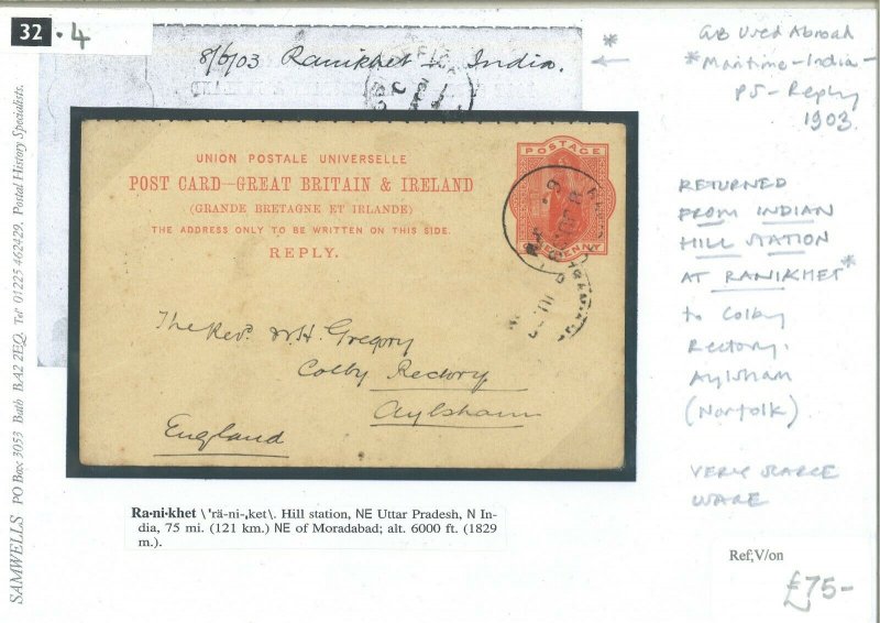 GB REPLY Card Used Abroad *Ranikhet* INDIA HILL STATION 1903 Retour Norfolk 32.4