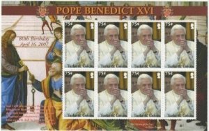 Turks And Caicos - 2007 - POPE BENEDICT XVI 80TH BIRTHDAY Sheet of 8 Stamps  MNH