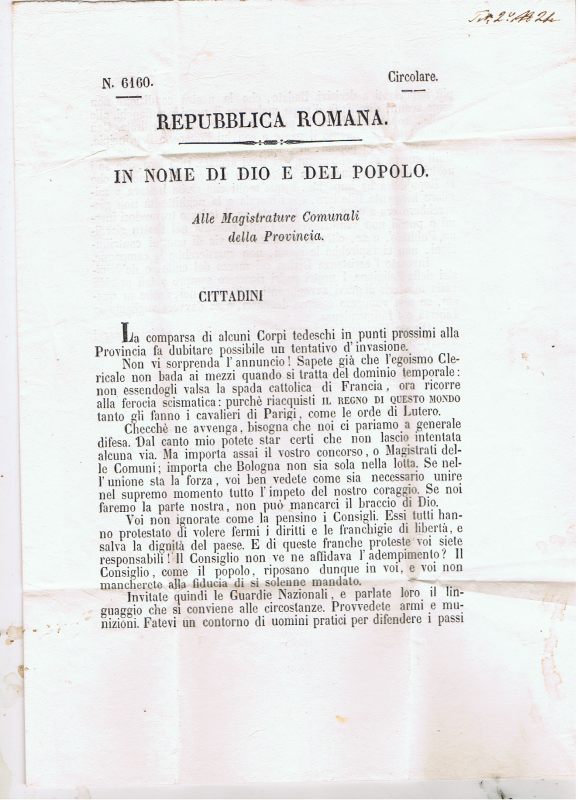 ITALY ROMAN REPUBLIC PROCLAMATION 1849 BOLOGNA