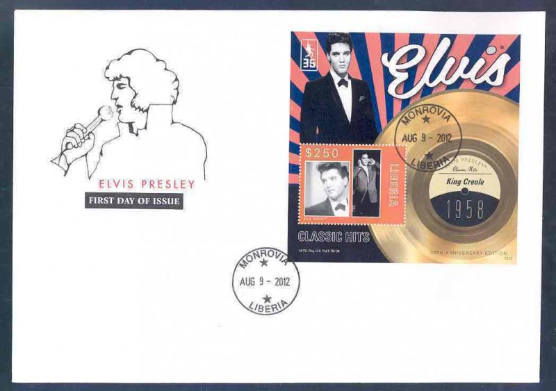 LIBERIA  2012 ELVIS PRESLEY  'KING CREOLE'   CLASSIC HITS S/S  FDC