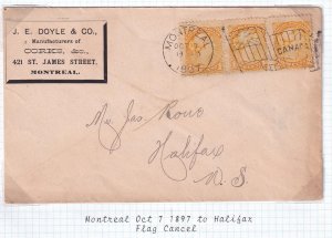 CANADA 1cts STRIP OF 3 FLAG CANCELLED MONTREAL-HALIFAX COVER 1897