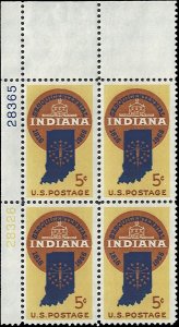 Scott # 1308 1966 5c bl, yel & brn  Map of Indiana & 19
Stars  Plate Block - ...