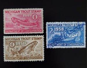 1949, 1950 & 1958 Michigan Trout Stamp, Department of Conservation, Set of 3