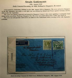 1939 Amsterdam Netherlands Censored Airmail Cover To Singapore Te Routed
